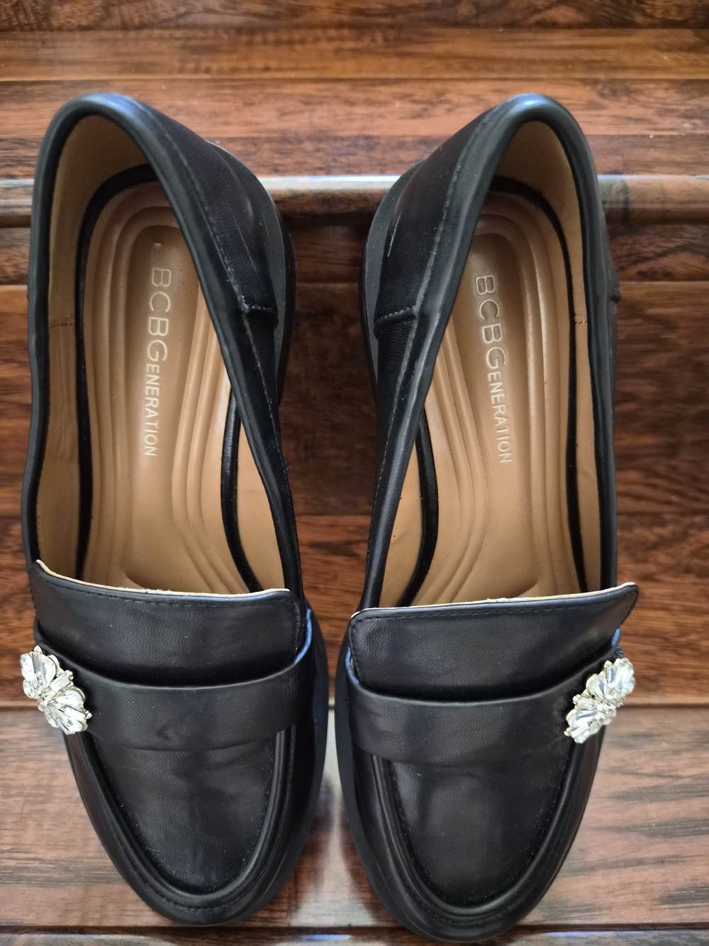 BCBGeneration Black Leather Loafer with Gold Crystal Brooch - Picture 6 of 9